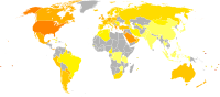 alt=Карта на света, показваща разпространението на затлъстяването сред мъжете (вляво) и жените (вдясно).[160]   <5%   5-10%   10-15%   15-20%   20-25%   25-30%   30-35%   35-40%   40-45%   45-50%   50-55%   >55% Карта на света, показваща разпространението на затлъстяването сред мъжете (вляво) и жените (вдясно).[160]   <5%   5-10%   10-15%   15-20%   20-25%   25-30%   30-35%   35-40%   40-45%   45-50%   50-55%   >55%