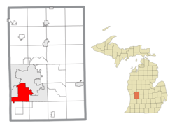 怀俄明在肯特县及密歇根州的位置（以红色标示）