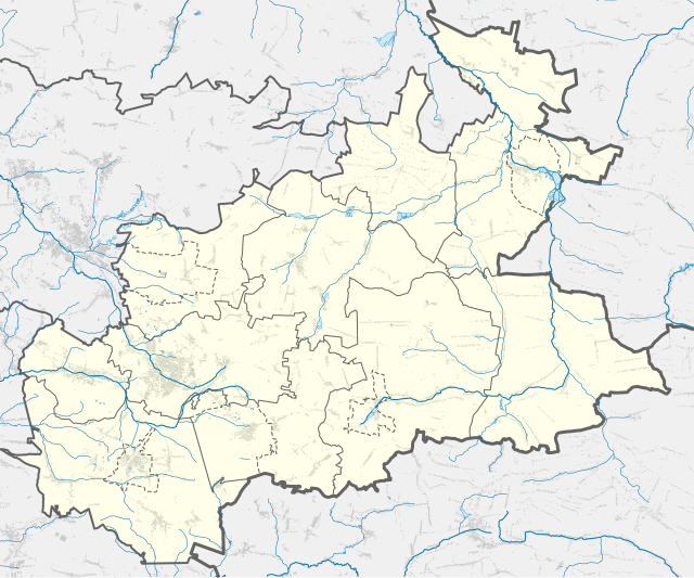 Mapa konturowa powiatu zawierciańskiego, u góry po prawej znajduje się punkt z opisem „Szczekociny”
