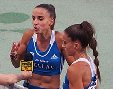 Athletes interviewed after a race 10944 Eirene kai Anna Basileiou.jpg