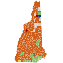 2008 New Hampshire Primary results by municipality.
John McCain
Mitt Romney
Mike Huckabee
Rudy Giuliani
Ron Paul
Tie
No votes 2008 New Hampshire Republican presidential primary - Results by municipality.svg