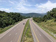 I-68 and US 40 in Allegany County 2019-07-14 12 10 53 View west along Interstate 68 and U.S. Route 40 (National Freeway) from the overpass for Maryland State Route 948 (Mountain Road Northeast) in Pratt, Allegany County, Maryland.jpg
