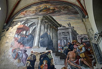 Pope Alexander IV institutes Augustinian Order (fresco) by Fiammenghini (and partially revealed older Crucifixion fresco)