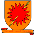 Герб с изображением желтого копья, пронзающего красное солнце на оранжевом поле.