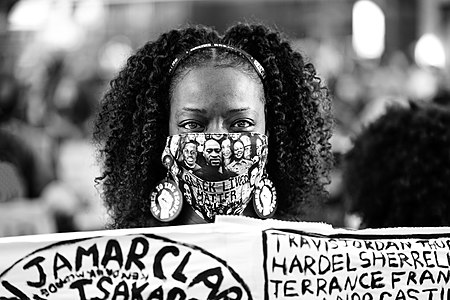 A protester outside the Hennepin County Courthouse in downtown Minneapolis, Minnesota during the trial of former Minneapolis police officer Derek Chauvin