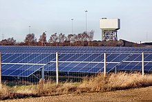 Colliery behind a solar farm in North Yorkshire in 2017 Alternative power (geograph 5647191).jpg