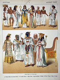 Gammelegyptiske klesdrakter, deriblant ulike typer hoftekleder, framstilt i Costumes of All Nations fra 1882