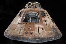 The Apollo 11 Command Module Columbia carried astronauts Buzz Aldrin, Neil Armstrong, and Michael Collins to the Moon and back during the first human lunar landing mission, July 1969 Apollo 11 Kommandomodul "Columbia".jpg