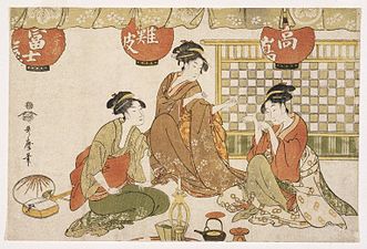 Trés señores sentaes con llinternes, tetera, candelabru y preséu de cuerda (sieglu XVIII), de Kitagawa Utamaro, Brooklyn Museum of Art, Nueva York.