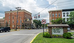 Center of Clinton, and starting point for street numbers, at College Street and West Park Row