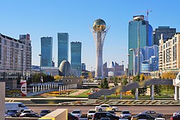 Downtown Astana with a view of the tower of Bayterek.