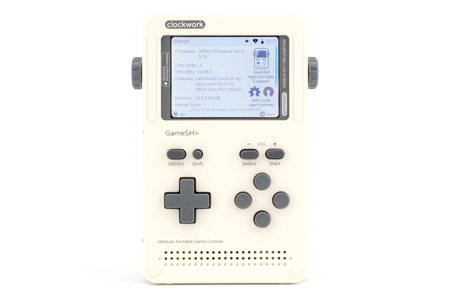 The Clockwork GameShell (Stylized as Game SH>) handheld console.