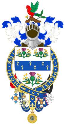 The neck badge of a Knight of the Order of Australia appeared at the base of the coat of arms of Sir Ninian Stephen. Coat of Arms of Ninian Martin Stephen.svg