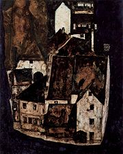 Peinture représentant des maisons serrés en une sorte de carré dans des tons neutres du clair au foncé