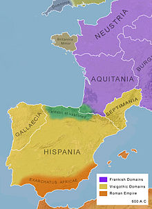 Political map of southwestern Europe around the year 600, which referred to three different areas under Visigothic government: Hispania, Gallaecia, and Septimania. Europe-600.jpg