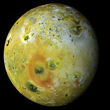 Colour image of Io's trailing hemisphere, highlighting the large red ring around the volcano Pele Galileo Io Pele color.jpg