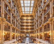 The George Peabody Library at Johns Hopkins University in Baltimore George Peabody Library - 24513595561.jpg