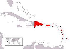 A map showing most of the Lesser Antillies in red. Puerto Rico and  Dominican Republic is also red.