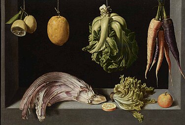 Verduras e frutas Still Life with Fruits and Vegetables de Juan Sánchez Cotán; c. 1600, 69 × 96 cm.