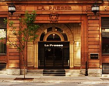 La Presse
former office in Old Montreal. The building is now the Canadian head office of Mediterranean Shipping Company since 2019. The black plate to the right of the door shows the logo used from the 1960s until the mid-1980s. The logo over the door was used from the late 1980s until the 1990s. La Presse 2011.jpg
