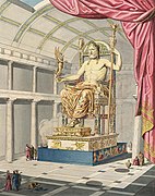 Reconstrucción del aspecto del interior del templo de Zeus en Olimpia, con la estatua crisoelefantina del dios.
