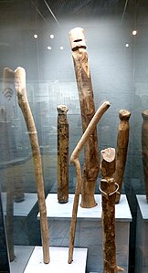 Roughly carved wooden statues from Oberdorla moor, modern Thuringia. The statues were found in context with animal bones and other evidence of sacrificial rites. MUFT - Oberdorla Gotter 2.jpg