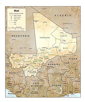 English: Shaded relief map of Mali.