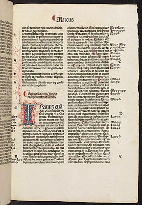 Page from Mark in a Latin Bible dated 1486 (Bodleian Library, Oxford) Mark Bib Lat 1486 c.2 Bodleian Library.jpg