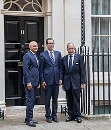 Sajid Javid, Steven Mnuchin and Kudlow at 11 Downing Street, 2019 Mnuchin, Kudlow and Javid at 11 Downing Street.jpg