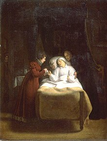 The Duchess of Angouleme at the deathbed of Henry Essex Edgeworth, last confessor to Louis XVI, by Alexandre-Toussaint Menjaud, 1817 Painting, The Death of the Last Confessor of Louis XVI, Menjaud.jpg