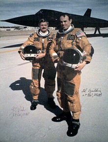 The "Last Flight" of a SR-71. In background SR-71 S/N 61-7972. Foreground pilot Lt. Col. Raymond E. "Ed" Yeilding and RSO Lt. Col. Joseph T. "JT" Vida, 6 March 1990.
