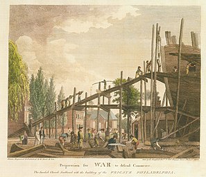 "The Swedish Church Southwark with the building of the Frigate Philadelphia," Plate 29 of Birch's Views of Philadelphia (1800)