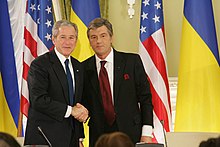 U.S. President George W. Bush during meeting with Ukrainian President Viktor Yushchenko in Kyiv, 2008 President George W. Bush and President Viktor Yushchenko of the Ukraine Shake Hands.jpg