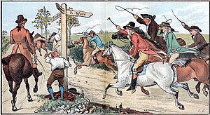 Illustration of a country road crossroad with a man standing below the signposts and seven galloping horsemen waving crops converging from one direction and a single walking horseman from the other