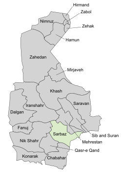 Location of Sarbaz County in Sistan and Baluchestan province