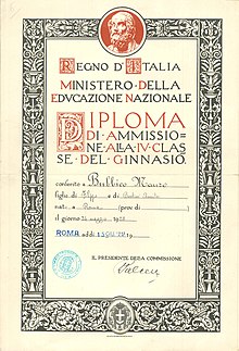 Diploma di ammissione alla IV classe del ginnasio di Mauro Bubbico. Collezione Sante Egadi (Milano).