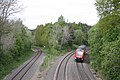 Nordausfahrt mit Neigetechnik-Nahverkehrstrieb-wagen Baureihe 612 nach Marktredwitz, links das Bayreuther Gleis