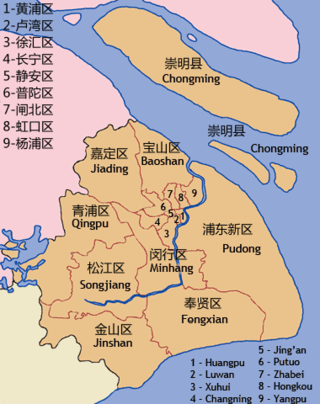 Das administrative Stadtgebiet Shanghais – Die Kernstadt (Puxi) umfasst das Gebiet der Ziffern 1 mit 9