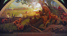 Photograph of a mural entitled Indian Attack on the Village of St. Louis, 1780, depicting the Battle of St. Louis.