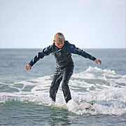 Beginner surfer in Pacific Beach, California