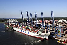 Wanda Welch Terminal in the Port of Charleston The 13,092-TEU container ship COSCO Development works at the Port of Charleston's Wando Welch Terminal.jpg