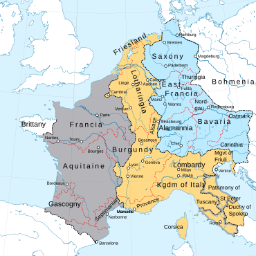 Partition of the Frankish Empire after the Treaty of Verdun 843.

.mw-parser-output .legend{page-break-inside:avoid;break-inside:avoid-column}.mw-parser-output .legend-color{display:inline-block;min-width:1.25em;height:1.25em;line-height:1.25;margin:1px 0;text-align:center;border:1px solid black;background-color:transparent;color:black}.mw-parser-output .legend-text{}
West Francia
Middle Francia
East Francia Vertrag von Verdun en.svg