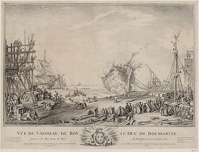 Le lancement du gros deux-ponts le Duc de Bourgogne en 1751, à Rochefort, vu avec réalisme par Nicolas Ozanne.