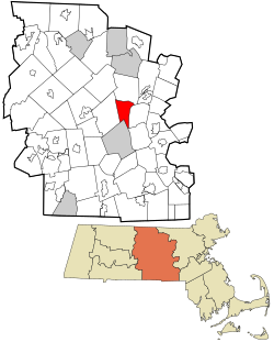 西博伊爾斯頓在烏斯特縣及麻薩諸塞州的位置（以紅色標示）