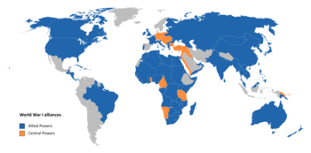 Map of the world with the participants in World War I c. 1917. Allied Powers in blue, Central Powers in orange, and the neutral countries are in grey. World War I alliances.png