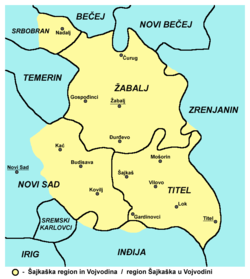 Map of the Žabalj municipality and Šajkaška region (yellow), showing the location of Čurug