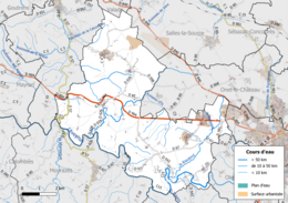 Carte en couleur présentant les réseau hydrographique de la commune