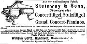 Annonce von Wilhelm Gertz als Steinway & Sons-Vertreter in seinem Haus Haasenstraße 5; Illustrirte Zeitung vom 21. November 1874
