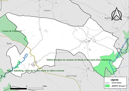 Carte des ZNIEFF de type 1 sur la commune.