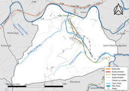 Carte en couleur présentant le réseau hydrographique de la commune